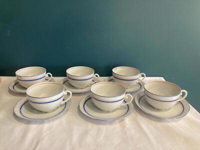 Vintage Czechoslovakian Tea Cups & Saucers Blue & Orange Rings Mid-Century -image