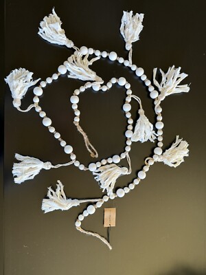 Creative Co-Op Paulownia 72” Wood Beads Jute Rope W/ White Fabric Tassel XM4647-image