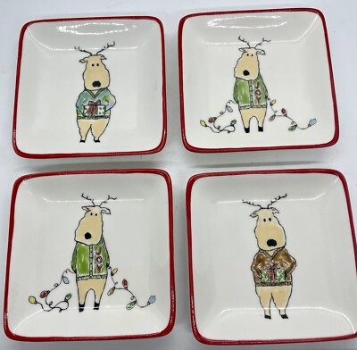 Creative Co-op Tawnya Norton Set/4 Reindeer 4” Christmas Plates-image