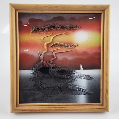 Convex spray acrylic clay sand seascape mid-century orange small painting-image
