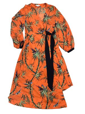 Warehouse Orange Tropical Print Wrap Style Dress UK12 Long Sleeve Mid Length A8-image