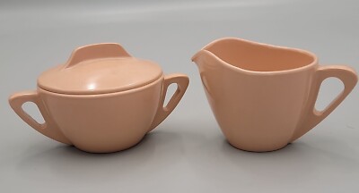 Vintage MCM Prolon Ware Pastel Orange Sugar w/ Lid & Cream Set-image