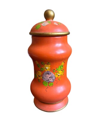Italian Art Pottery Vase Hand Painted Orange Floral Gold Matte Mid Century-image