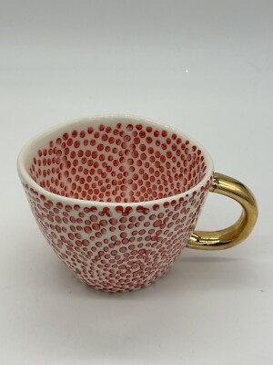 Creative Co-Op Stoneware Mug w/ Red Dots Design & Gold Handle-image