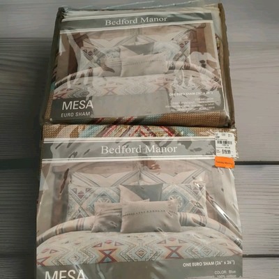 2 New Bedford Manor MESA Euro Shams 26x26 Blue Tans Red Machine Washable Cotton-image
