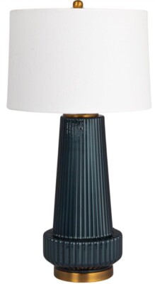Creative Co-Op Ribbed Glass Table Lamp with Tapered Drum Shade, Deep Blue-image