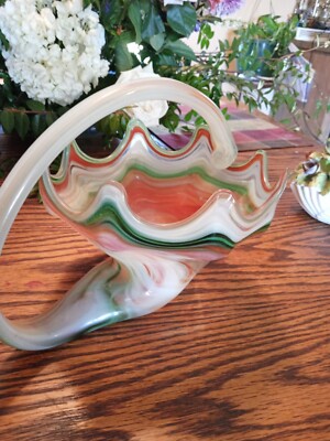 Vintage Mid Century Modern Basket  Hand Blown  Green /Orange-image