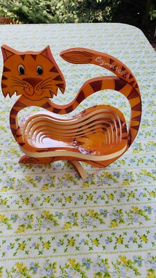 Spiral Cut Collapsible Wood Bowl Decor Orange Tabby Ginger Cat Souvenir Cozumel -image