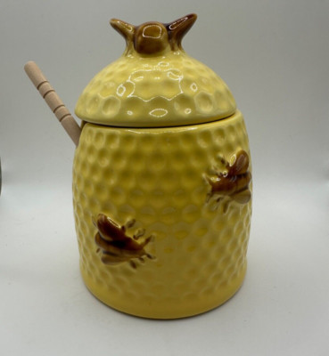 Super Cute Creative Co-op Yellow/Brown Bee Hive Honey Jar with Stick -image