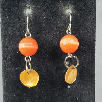 Dangle Beaded Shell Earrings Orange Retro Mid Century Modern Boho Pierced 1.5
