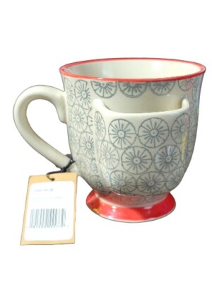 *NWT* Creative Co-op Pedestal Tea Bag Holder Mug Ceramic Cup White Red 4