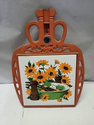 Mid Century Modern Cast Iron And Tile Trivet Japan Orange-image