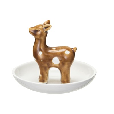 Decorative Stoneware Dish with Deer and Reactive Glaze, White and Brown, Small-image