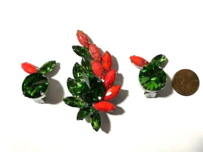 GAUDY CHIC GREEN AND ORANGE BROOCH & CLIP ON EARRINGS - UNMARKED MID-CENTURY-image