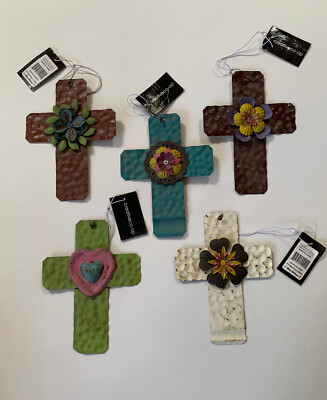 Cross Distressed Tin Wall Decoration Hanging Religious Flower NWT Creative Co Op-image