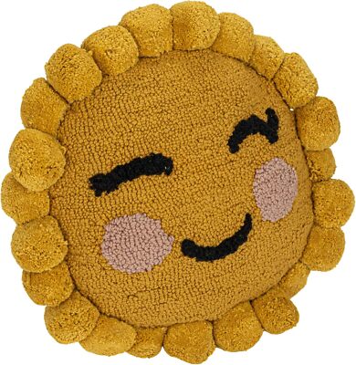 🔥Creative Co-Op Cotton Punch Hook Sun Shaped Pillow with Face Pom Trim, Yellow-image