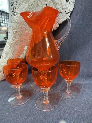 Vintage Mid Century Modern Blown Art GLASS Orange Pitcher w/ 4 Wine Stem Glasses-image