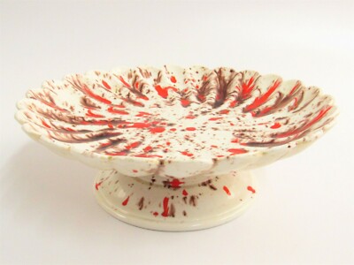  Mid Century Orange and Brown Drip Glaze Ceramic Footed Plate MCM C529-image