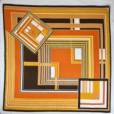 Vintage Geometric Late Mid Century Boho Scarf Brown Orange Gold 30 3/4