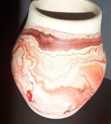 Vintage Nemadji Pottery Red/Orange Swirl Vase Signed Orange Mid century 5. 5