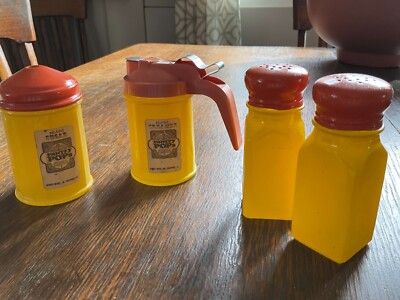 Pantry Pops creamer, sugar, salt and pepper, yellow with orange tops mid century-image