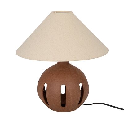 Creative Co-Op Ceramic Table Lamp with Linen Shade and Cut-Outs, Brown and Na...-image