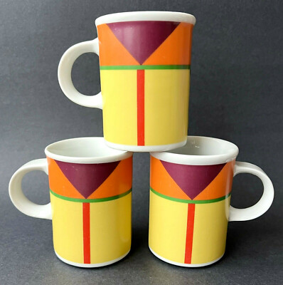 Danesco 1980 Coffee Mugs Cilou Zelkine Geometric Yellow Orange MCM Mid Century-image