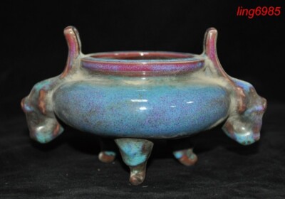 old China Buddhism temple jun porcelain beast head joss Incense burner Censer-image