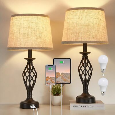 Lamparas De Mesa De Noche Con Puerto USB Lampara Para Escritorio Dormitorio Sala-image