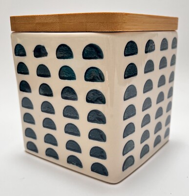 CREATIVE CO-OP Stoneware Container Canister Blue Geometric Bamboo Lid 4.75