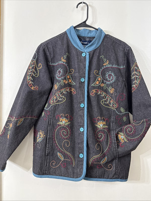 Denim & Co Jean Jacket Floral Embroidery Women Sz M Western Cottage Boho Artsy-image