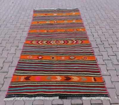 Vintage Striped Orange Kilim Area Rug Anatolian Hand Knotted Wool Carpet 5x9 ft-image