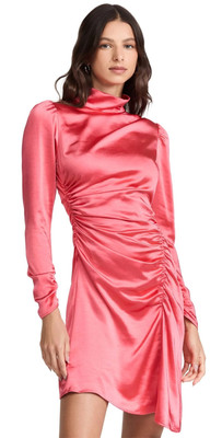 A.L.C. Joss Ruched Long Sleeve Asymmetrical Dress in HIbiscus Size 10 NWT Satin-image