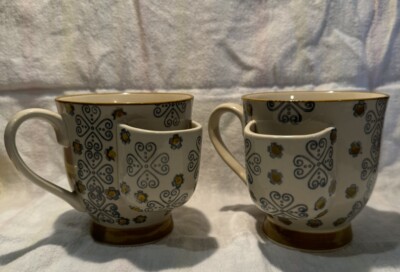 CREATIVE Co-op Pedestal Tea Bag Holder Mug Ceramic Cup  Geometric EUC (Set Of 2)-image
