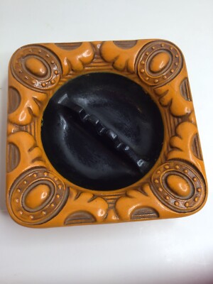 Hangar Pottery Ashtray vintage mid century  modern Orange  Black #2043 As is-image