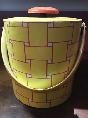 Mid Century Vinyl Ice Bucket, Yellow & Orange, Padded Lid, 8”tall x 7.5”, Clean-image