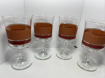 4 Vintage Mid Century Modern Burnt Orange, Red, Gold Stripe Denby Goblet Glass-image