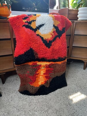 Vintage Red Orange Ocean Seagull Bird Latch Hook Yarn Art Mid Century-image