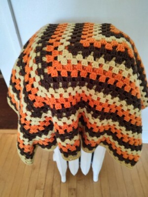 1960's 1970's Retro Mid Century Afghan Crochet Throw 6'x6' Orange Brown Yellow -image