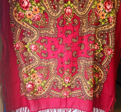 Vtg Mid Century Floral Paisley Red Pink Orange Cotton Woven Fringed Scarf - 56