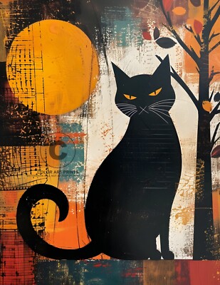 Black Cat Mysterious Orange Eyes Abstract Mid Century Giclée Art Print 8.5X11-image