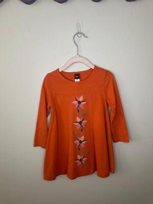 Tea Collection Orange Skater Long Sleeve Dress Size 2-image