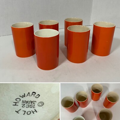 6 X Orange Mid Century Ceramic Cups 1962 Holt Howard Japan-image
