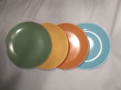 4 Dinner Plates Mid-Century Modern Solid Colors Green Yellow Orange Blue 9