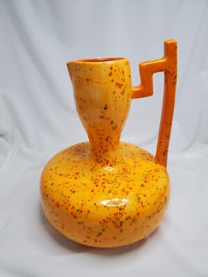 Vintage MCM Orange Speckled Geometric Handled Jug Vase-image