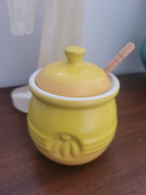 Yellow Creative Co-op Honey Pot w/Wooden Dipper Lid Stoneware-image