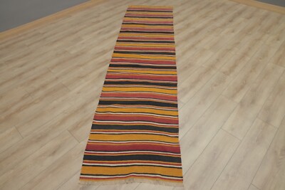 Orange Striped Kilim Runner Rug Anatolian Vintage Handmade Ethnic Carpet 3x10ft-image