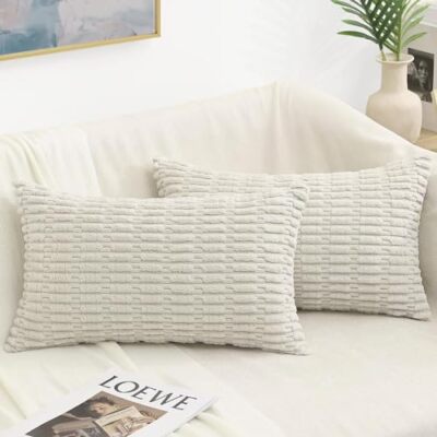 decorUhome Lumbar Decorative Throw Pillow 12 x 20-Inch (Pack of 2) Cream White-image