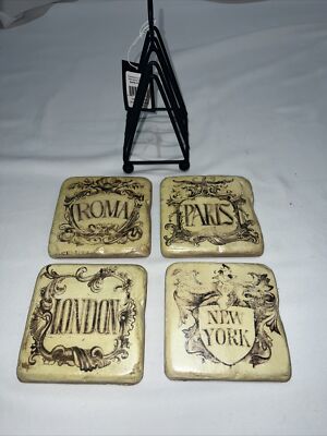 creative co-op resin coasters with metal stand~London~New York~Paris~Roma-image