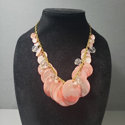 Chain Bib Shell Necklace Gold Tone Orange Mid Century Modernist Boho 20